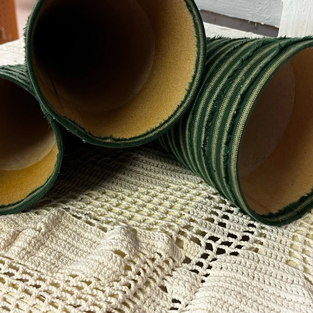 3 large Green Striped homespun fabric Cone Christmas Trees holiday farmhouse